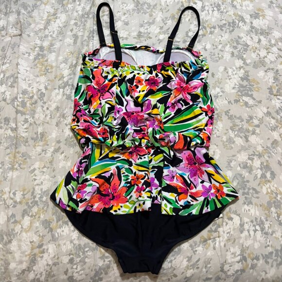 Maxine of Hollywood Floral One Piece Swimsuit Size 10 Tropical Print Peplum Swim - Picture 2 of 7